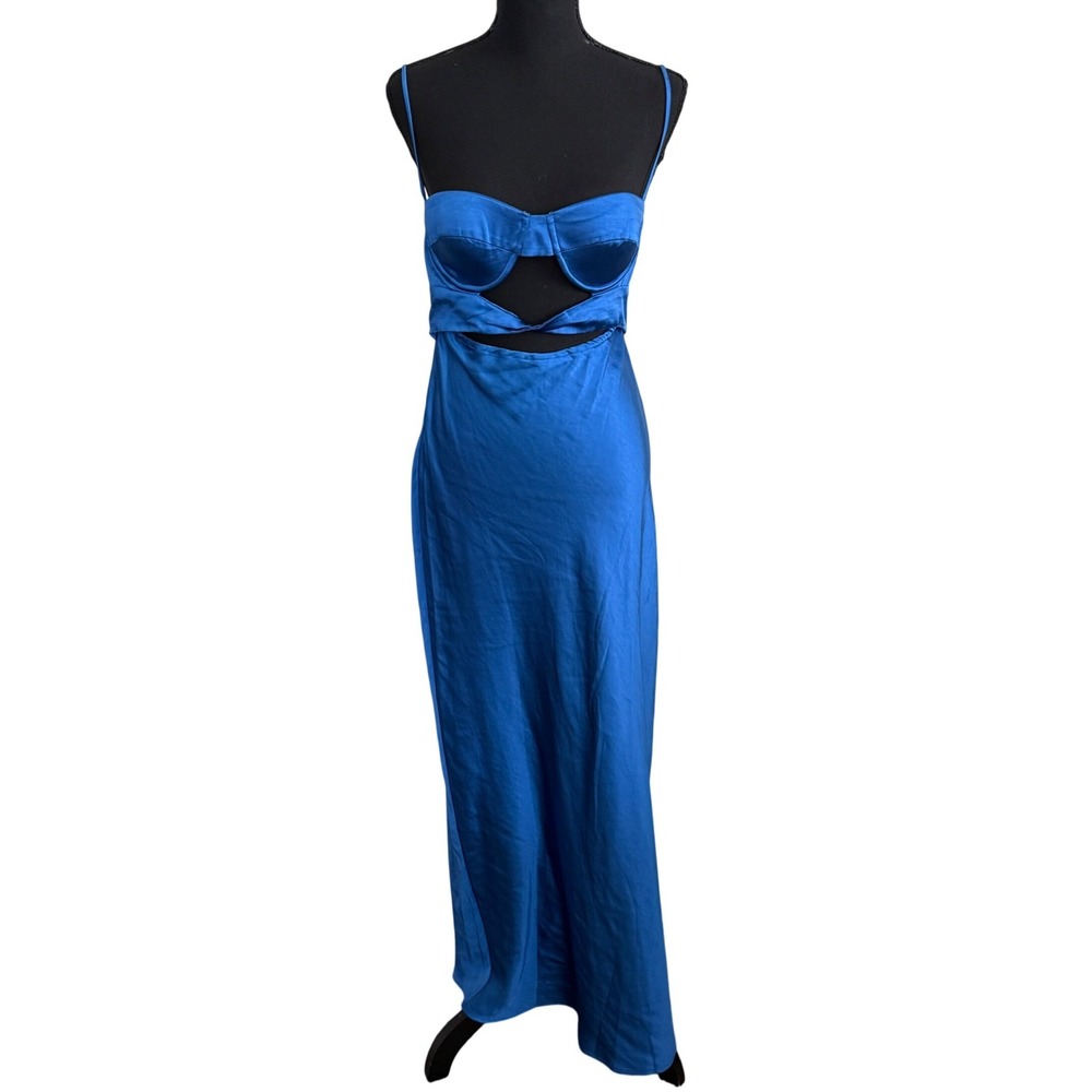 WHOIAM Royal Blue Satin Bustier Cut-Out Maxi Dress 10 Formal Evening Gown Prom